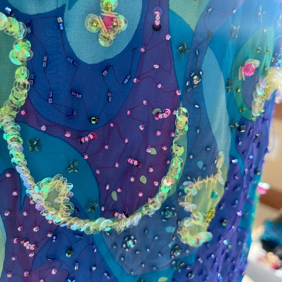 Vintage Cache Turquoise 🦋 Purple Lime Beaded Sequin Cocktail Dress Sz 12 Halter - Picture 11 of 16